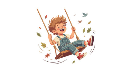 boy, swing, swinging, child, happy, laughing, childhood, playful, fun, joy, cheerful, kid, little, cute, cartoon, character, vector, illustration, isolated, white background, rope, wooden, playground,