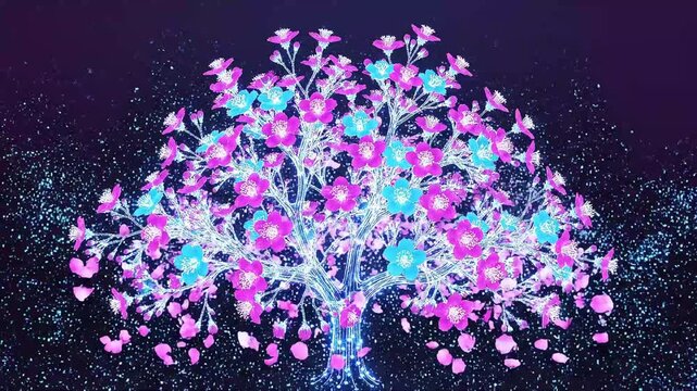 Glowing Digital Tree Branches Growing and Blossoming 4K Quality