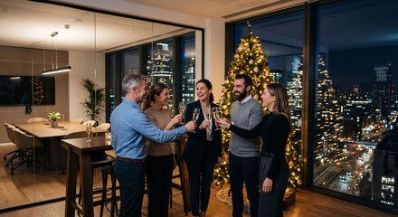 Obraz premium Happy diverse colleagues celebrating New Year in modern office with champagne toast by glowing Christmas tree.