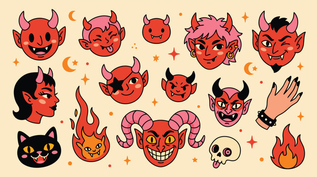 Collection of stylized cartoon devil faces with horns and expressive features on a cream background