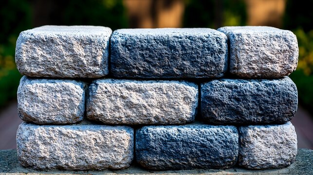 Stacked textured interlocking retaining wall blocks with soft bokeh background during daylight