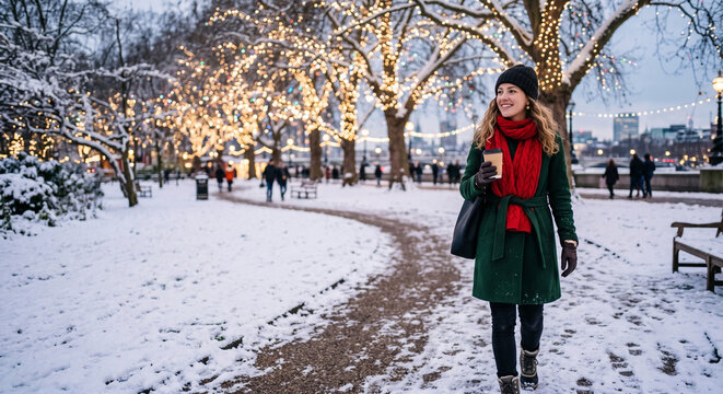 Young woman in green coat and red scarf walks through snowy city park with festive fairy lights at twilight.