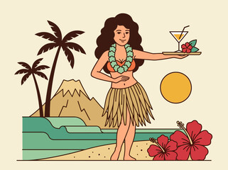 Vintage Flat Illustration of a Hawaiian Hula Girl Holding a Cocktail on a Tropical Beach with Volcano and Palm Trees © Prayitno