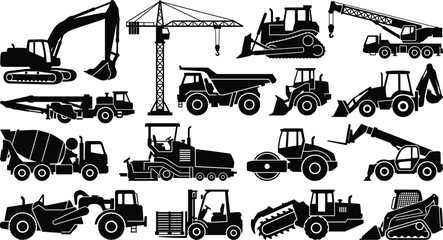 Obraz premium Vector collection of construction vehicle silhouette icons including excavators, cranes, bulldozers, trucks, loaders, rollers, and forklifts