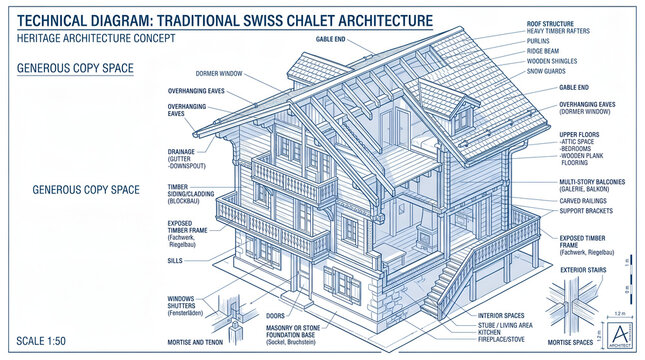 Technical blueprint of a Swiss chalet. Architectural diagram of traditional wooden house design.