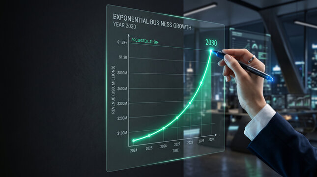 Hand pointing at a digital graph showing exponential business growth to 2030, symbolizing future success and planning