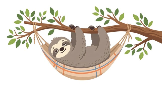 Charming flat vector of a sloth lounging upside down in a small hammock between two branches, sleepy half-closed eyes, soft grey brown fur texture in flat colour blocks, white background, no text, no 