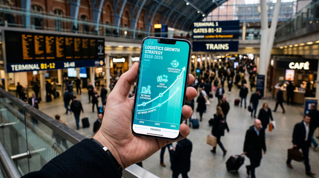 Hand holding smartphone displaying logistics growth strategy with rising graph, in a busy train station environment, representing business planning and progress