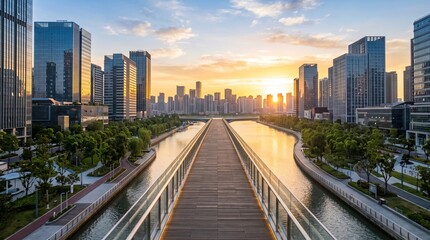 Fototapeta premium Modern wooden pedestrian bridge with glass railings stretches toward the horizon under a golden sunset glow