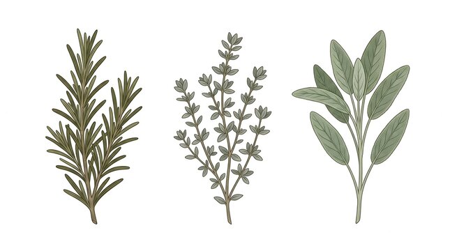 Elegant flat vector set of three different culinary herb sprigs &mdash; rosemary, thyme, and sage &mdash; arranged side by side in a vintage botanical illustration style, muted sage and olive palette, white backg