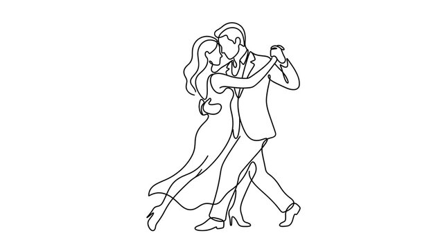 Elegant minimalist single-line continuous vector of a couple dancing close together, smooth flowing line forming both figures intertwined, solid black line on white background, no text, no brand, wedd