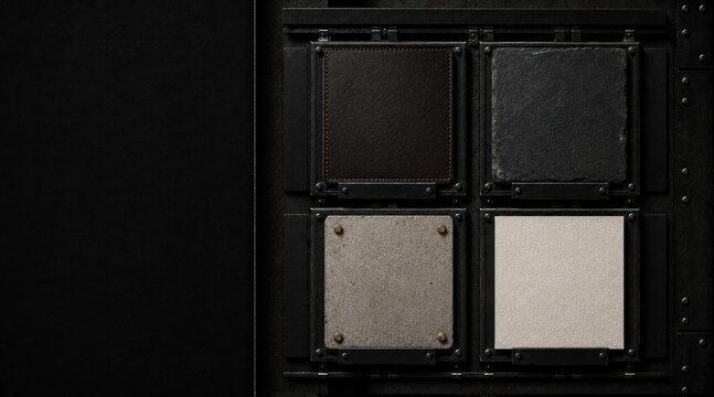 Four Square Display Panels on Dark Industrial Metal Wall