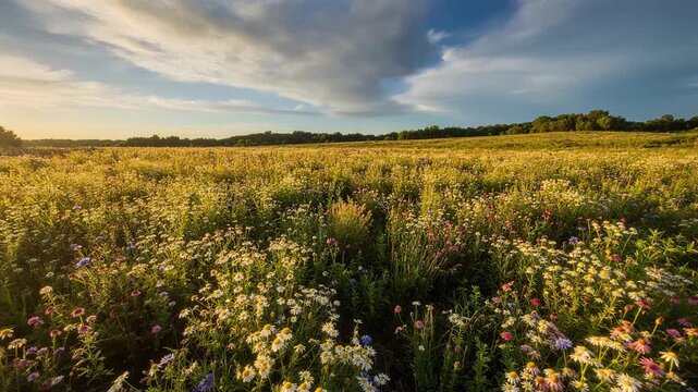 Wildflower timelapse petals gently swaying shadows shifting clouds across peaceful meadow scenery