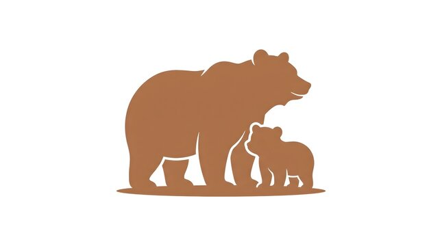 Warm flat vector of a mama bear silhouette standing protectively beside a small cub silhouette, both in a soft solid brown tone, gentle rounded shapes, white background, no text, no brand, mothers day