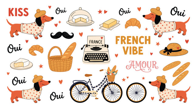 French themed illustrations with dogs bread cheese and bicycle on white background