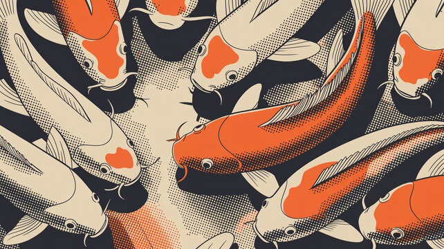 Halftone print illustration of koi fish. Artistic aquatic scene with vibrant colors and detailed design. Traditional Japanese style artwork for pri...