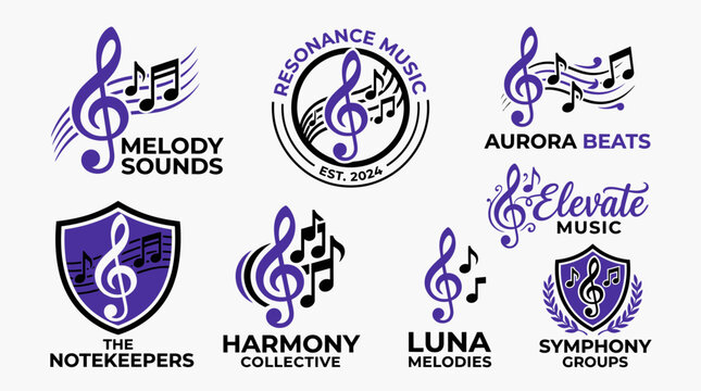 Collection of Music Logos: Treble Clef, Notes, Shields, and Text for Melody, Harmony, and Symphony