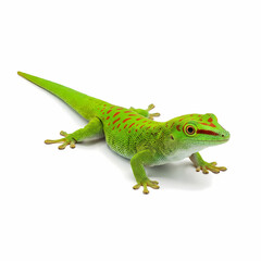 Fototapeta premium A vibrant green gecko lizard displaying distinctive red spots walks steadily across a surface while showcasing its bright skin patterns and alert eyes representing diverse wildlife in nature