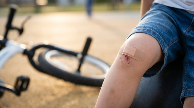 Child with bandage on scraped knee after bicycle fall outdoors