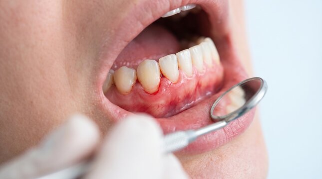 Close up of inflamed bleeding gums near teeth showing gingivitis and periodontal disease concept for dental health and oral hygiene