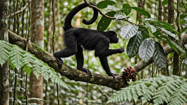 A wild black spider monkey with a long prehensile tail skillfully balances along a thick mossy tree branch inside the vibrant tropical rainforest canopy while foraging for some delicious fruit