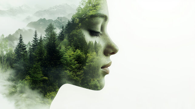 A serene double-exposure portrait blends a woman's profile with a misty coniferous forest, symbolizing the deep connection between human identity and the natural world.