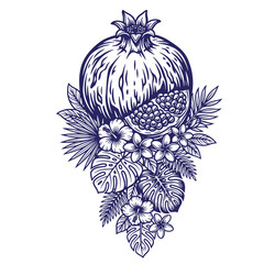 Fototapeta premium Detailed dark blue line of a whole pomegranate fruit nestled among tropical hibiscus and plumeria flowers with lush monstera and fern leaves on a white background, for t-shirt poster