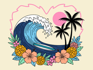 Retro Tropical Surf Wave Illustration with Palm Trees, Hibiscus Flowers, and Surfboard in a Heart Shape © Juna