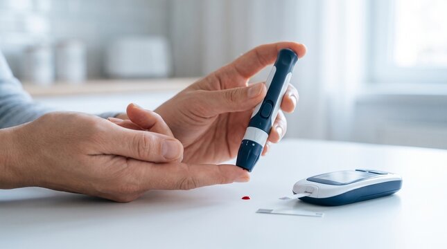 Person performing finger prick blood glucose test with lancet device for diabetes monitoring and home healthcare management
