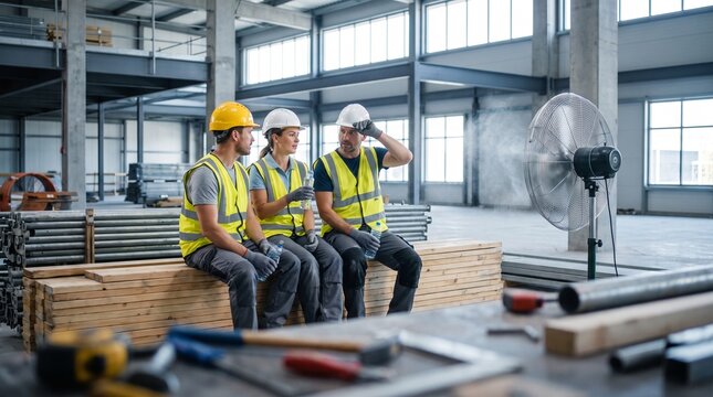 Warehouse construction workers pause for heat recovery conversation at industrial job site