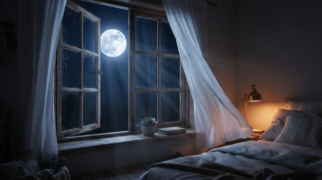 Serene bedroom bathed in moonlight through an open window with curtains gently swaying, creating a peaceful night scene