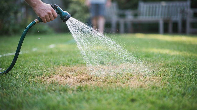 Watering dry grass patch on green lawn with hose in summer drought