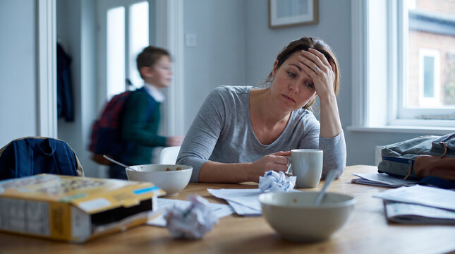 Weary parent pause at breakfast table during busy school morning rush at home kitchen