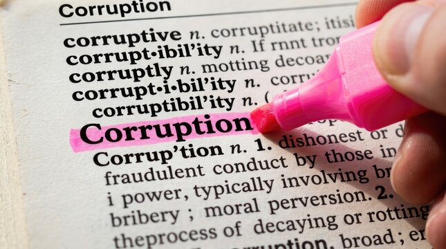Hand using a bright pink highlighter pen to mark the word corruption in a dictionary