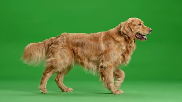 Realistic golden retriever dog walking steadily across a bright green screen background for video compositing and motion tracking