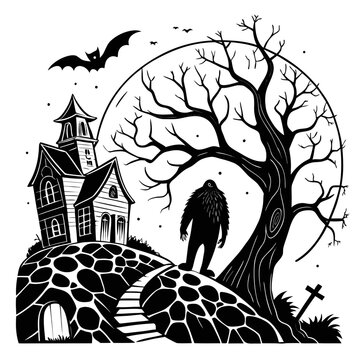 Halloween Haunted House with Bigfoot and Bat Vector - Spooky Full Moon Night Scene