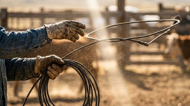 Two gloved hands pull and twist rough ropes in a dusty outdoor setting.