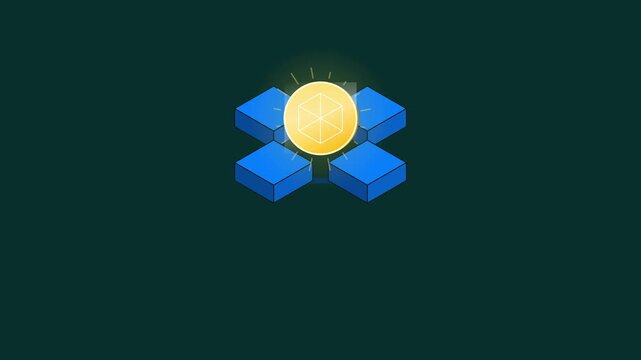 Glowing golden cryptocurrency coin on top of blue isometric blockchain blocks, representing digital finance technology
