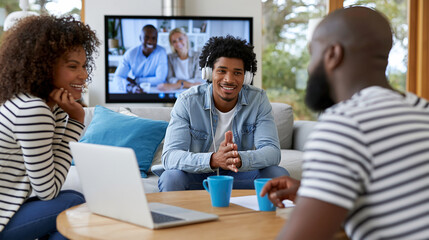 Fototapeta premium Small group of people engaged in a focused video conference call in a comfortable living room, remote collaboration, modern communication , with copy space