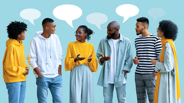 Group of individuals standing closely together engaged in an animated discussion, community interaction concept , with copy space