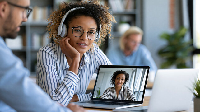 Colleagues participating in a virtual meeting discussion from a modern home office, remote teamwork, digital collaboration , with copy space