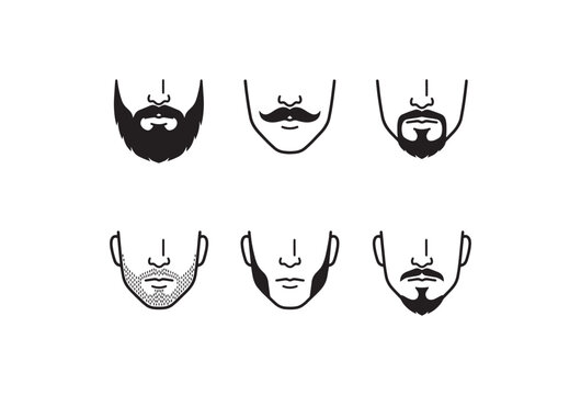 Minimalist beard styles icon set, 6 facial hair vector illustrations. Male grooming and barber shop symbols. Black line art beard types.