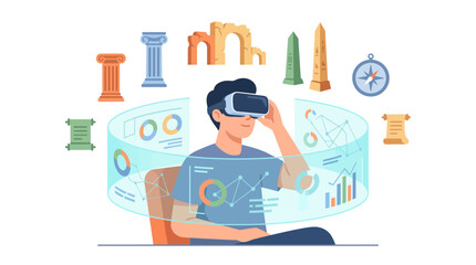 Fototapeta premium Man using VR headset exploring ancient history data visualization with digital interface and artifacts, futuristic education concept
