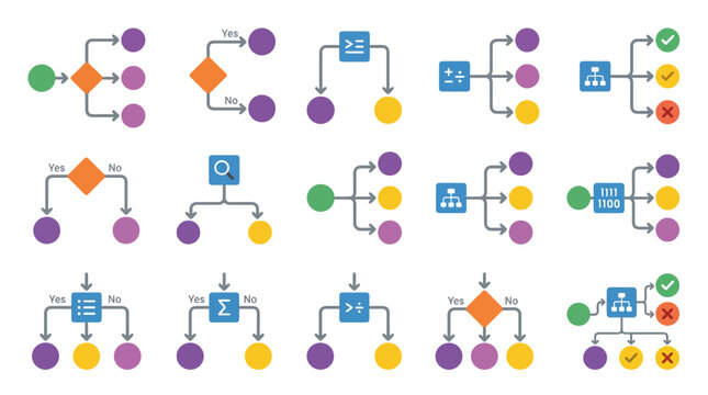 Flowchart Icons Set: Business Process, Decision Tree, Algorithm, Logic, Data Flow, Workflow Symbols
