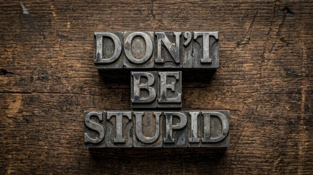 Metal letterpress blocks spelling the phrase dont be stupid on a rustic weathered wood surface