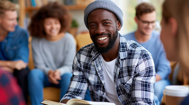 Small group Bible study gathering at home among diverse young adults, faith community, meaningful discussion , with copy space