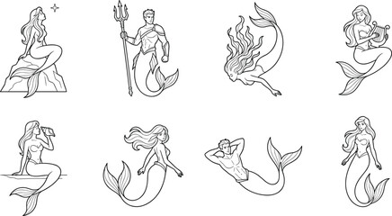 Fototapeta premium Black and white line art vector set of mermaid and merman characters in dynamic fantasy poses