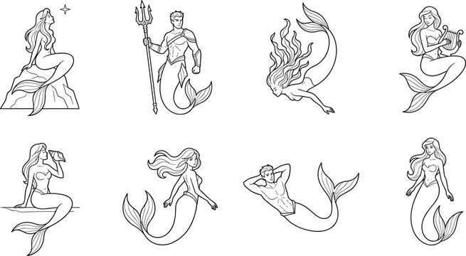 Black and white line art vector set of mermaid and merman characters in dynamic fantasy poses