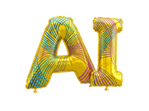 Shiny golden inflatable foil balloon letters spelling out the abbreviation ai featuring intricate colorful geometric line patterns and reflective metallic surfaces presented as a high quality isolated