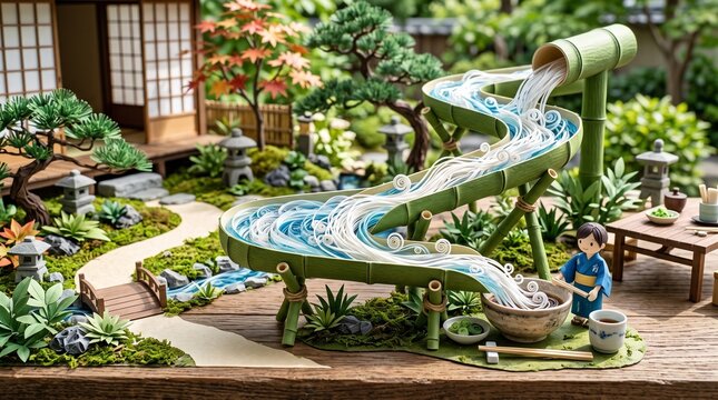Creative Paper Quilling Art of a Nagashi Somen Bamboo Flume